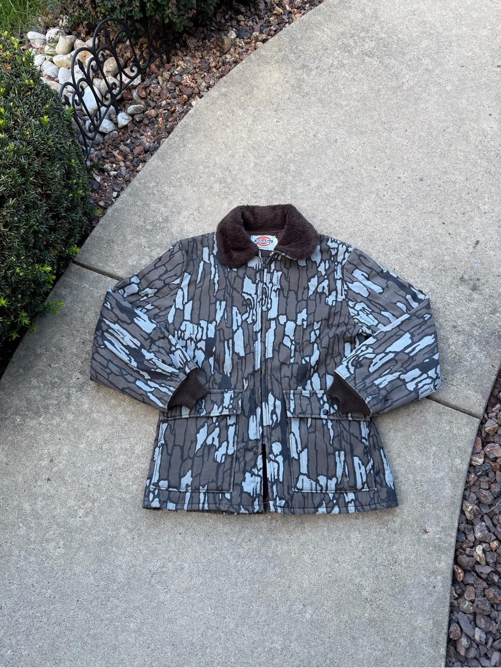 Vintage Dickies TreBark Camo Hunting Quilted Jacket Fur Collar Mens LG 90s USA